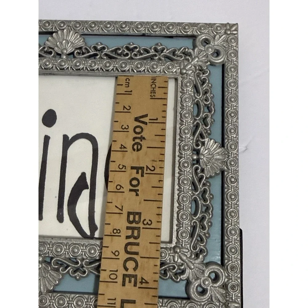 Vintage Ornate Metal Photo Frame With Blue Mat 5x7 